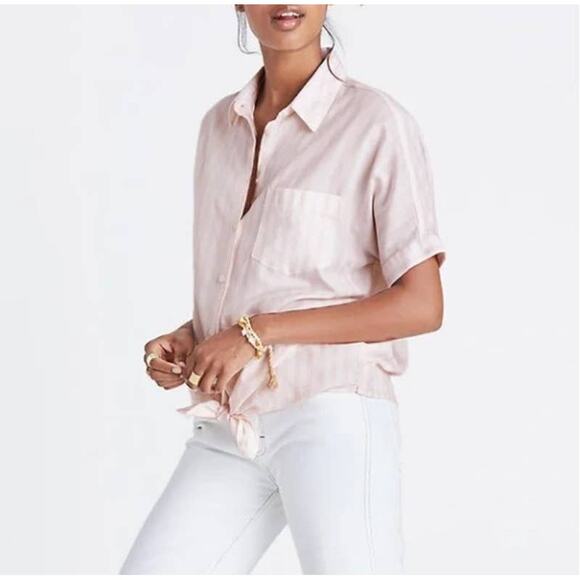 Madewell XS Pink White Striped Tie Front Button Down Short Sleeve Shirt - Picture 1 of 11